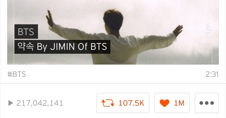 Promise (약속) by Jimin surpasses 217M streams. Wow! Amazing! 
#PromiseByJimin
#OurJimin
#BANGBANGGCON_TheLive 
#방탄소년단  #지민  #BTS  #JIMIN 

soundcloud.com/bangtan/firstj…