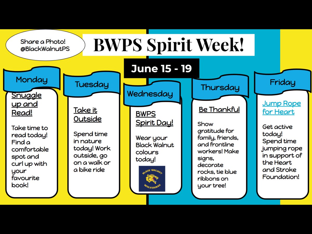 BlackWalnutPS's tweet photo. It’s here Black Walnut! It’s time for the Black Walnut Spirit Week!
Show your school spirit and try out some of these activities! Don’t forget to share your photos here! https://t.co/NoXO1p8gfd