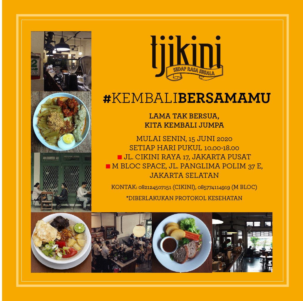 Sesudah lama tak bersua, kini kita berjumpa. Kedai <a href="/tjikini/">tjikini17</a> hari Senin, 15 Juni 2020 kembali buka, 10.00-18.00 di Cikini Raya 17 Jakpus dan <a href="/mblocspace/">M Bloc Space</a>. Protokol kesehatan berlaku utk kru dan customer.  #tjikinikembalibersamamu