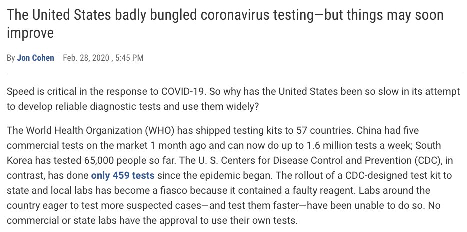 CDC screwed up designing primers from virus sequence even though China/S Korea/Germany had primers & commercial tests ready by January  https://www.sciencemag.org/news/2020/02/united-states-badly-bungled-coronavirus-testing-things-may-soon-improve)Christian Drosten group published diagnostic assay in Jan 2/ https://www.ncbi.nlm.nih.gov/pmc/articles/PMC6988269/