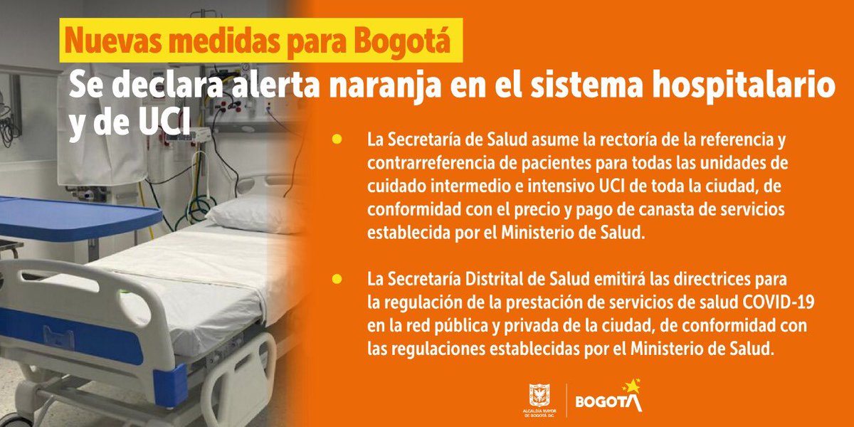 ClaudiaLopez's tweet photo. Sigan este hilo👇🏼Aquí explicamos todas las medidas que empiezan a regir en Bogotá desde este martes 16 de junio. 

Se declara alerta naranja en el sistema hospitalario y de las UCI. Desde @SectorSalud se asume rectoría y directrices para regulación de servicios de salud COVID-19. https://t.co/9BAE3EPVlo