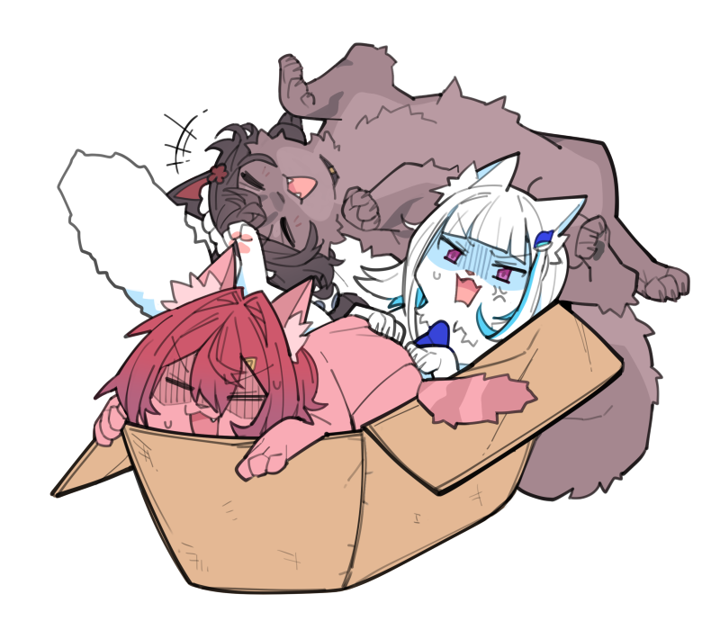 ange katrina ,lize helesta animalization cat multiple girls box cardboard box in box animal ears  illustration images