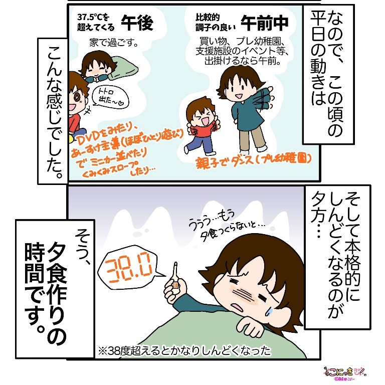 あま田こにー 育児漫画 イラストレーター 謎の発熱 第二子妊娠前期 こにーの第二子妊娠生活 朝は37度くらいなのに 午後から熱が上がって夕方には38度とかそれ以上になってしまう日々でした 枚数が微妙なのでリプに続きます 育児漫画
