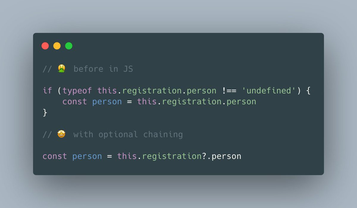 mathiasonea's tweet photo. 🔥 ECMAScript 2020 feature: The Optional Chaining Operator https://t.co/Qy4lT70t2e
#javascript #optionalchaining #ecmascript2020