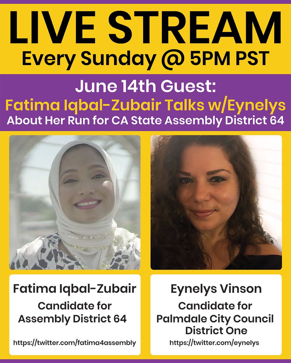 eynelys's tweet photo. Episode 9: Eynelys Talks With @fatima4assembly About Her Run for CA Assembly District 64. #California #Politics #LosAngeles #BlackLivesMatter #BrownLivesMatter #Muslim #Vinson2020 #Eynelys2020 #assembly #SupportProgressives #Palmdale #Fatima2020
YouTube: https://t.co/7Sr4Tv3X3A https://t.co/FEXZfscxhd