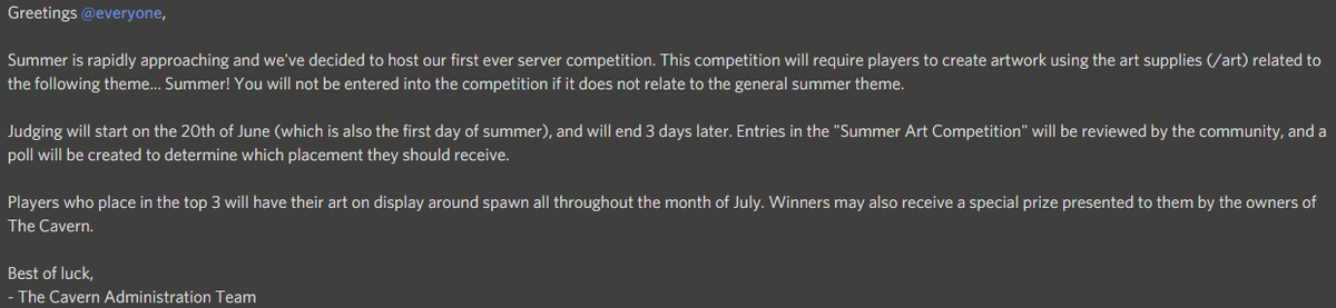 CavernMC's tweet photo. The Summer Art Competition is now live!

Players are to design paintings on the server using the /art command in order to create artwork that best fits the theme... Summer!

DISCORD
https://t.co/PZK3gX9qM9 https://t.co/B5Y6cyw8oO
