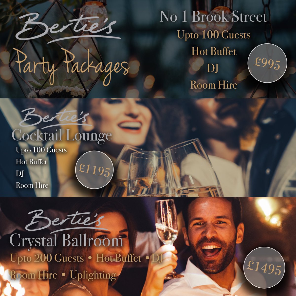 Bertie's is a unique Venue for any celebration with our Three suites we can offer Three great packages.
email sales@bertiesevents.co.uk for more information.