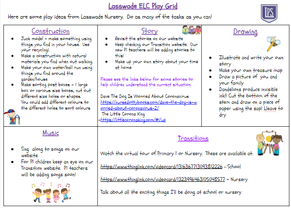LasswadeELC's tweet photo. Our staff are returning to school this week in preparation for the return to nursery in August.  As a result, we have created a play grid for this week's home learning.  As always, we invite families to share their play and learning on our ELC Twitter account @Lasswadenursery. https://t.co/J6EgfE60jB