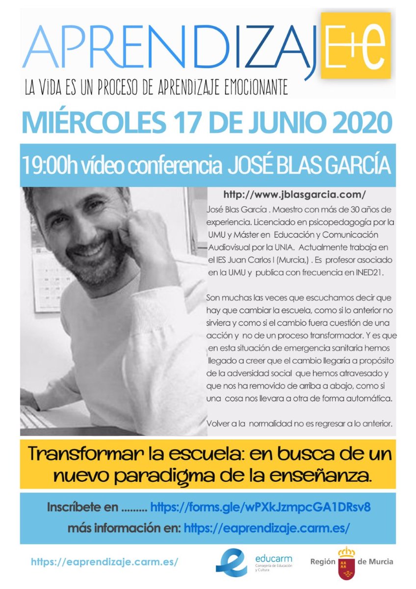 Este miércoles a partir de las 19h en las sesiones formativas [AprendizajE+e] de <a href="/Educarm/">Educarm</a>, el profesor José Blas García <a href="/transformarlesc/">TransformarLaEscuela</a> hablará de "Transformar la escuela: en busca de un nuevo paradigma de la enseñanza". Desde <a href="/FampaceMurcia/">FAMPACE</a> os lo recomendamos 👍 #JuntosSumamos