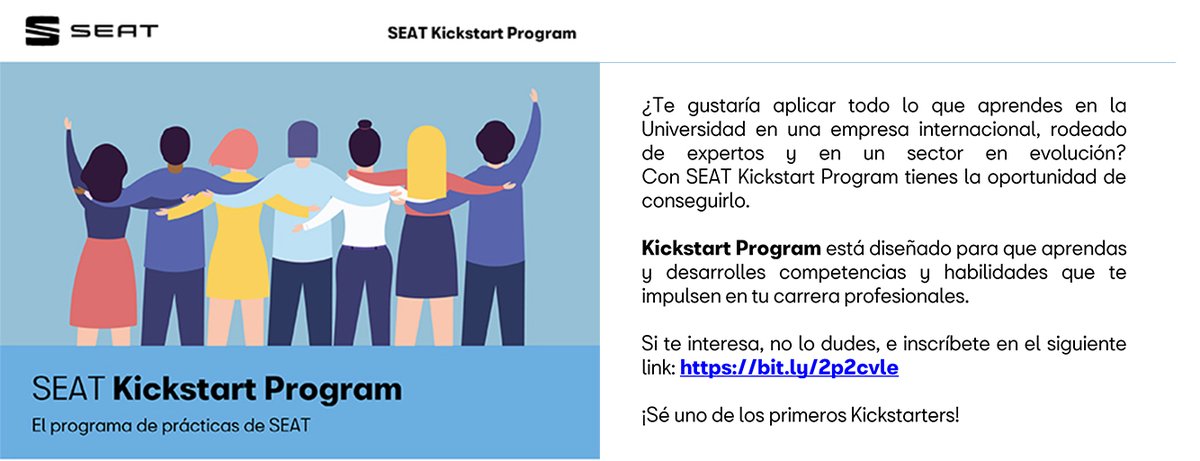 ope_ucm's tweet image. SEAT #KickstartProgram selecciona 60 estudiantes interesados en realizar #prácticas en septiembre/octubre 2020. ¿Quieres participar?