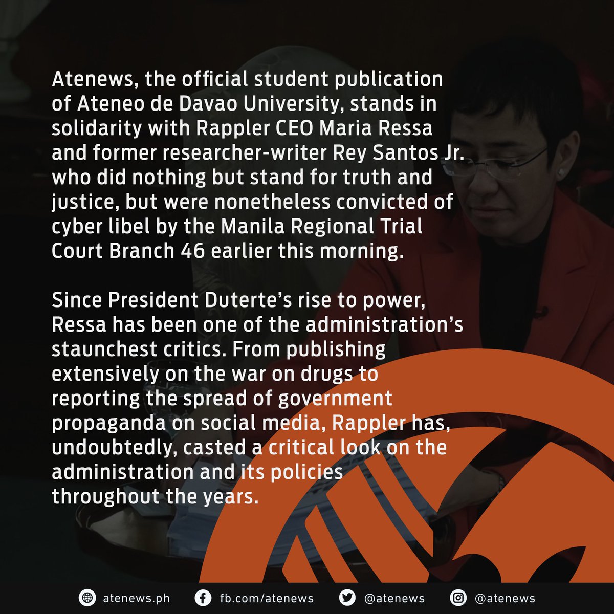 atenews's tweet photo. READ: Official statement on the conviction of Rappler's Maria Ressa and Rey Santos Jr.

#DefendPressFreedom
#HoldTheLine
#CourageON

[1/2] https://t.co/ET6uxh2gf7