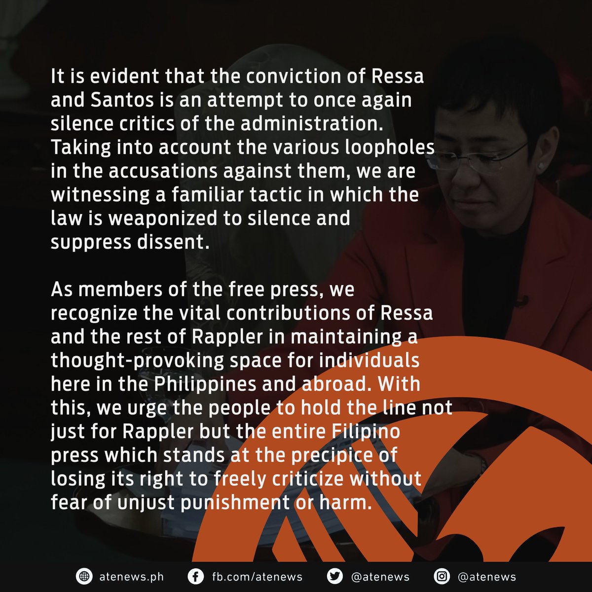 atenews's tweet photo. READ: Official statement on the conviction of Rappler's Maria Ressa and Rey Santos Jr.

#DefendPressFreedom
#HoldTheLine
#CourageON

[2/2] https://t.co/kKNo0Nhbzv