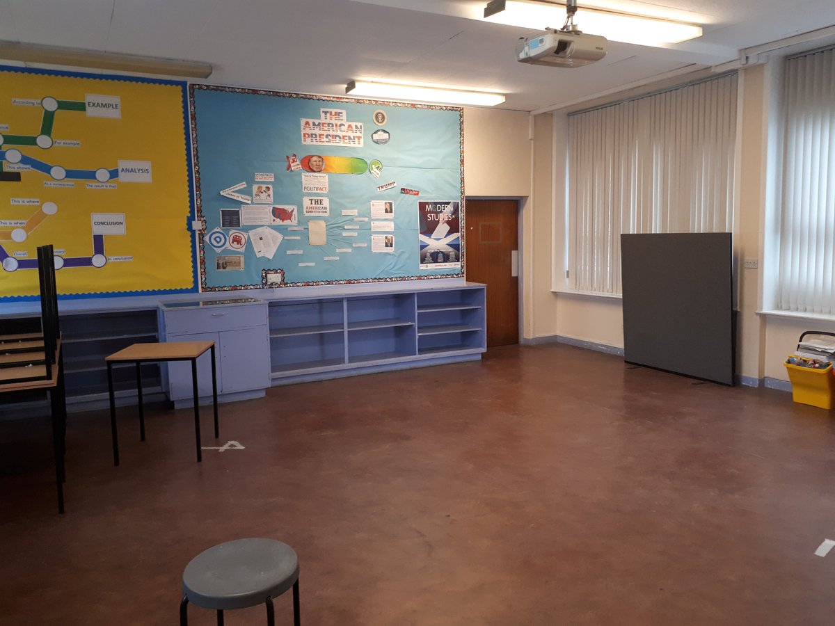 After 85 days, I'm back in my kingdom of Room 8 at @InverurieAcad. It's great to be back after some 2,040 hours away. The added perk was the roll and sausage, with Irn-Bru, from McLeish. #NewNormal