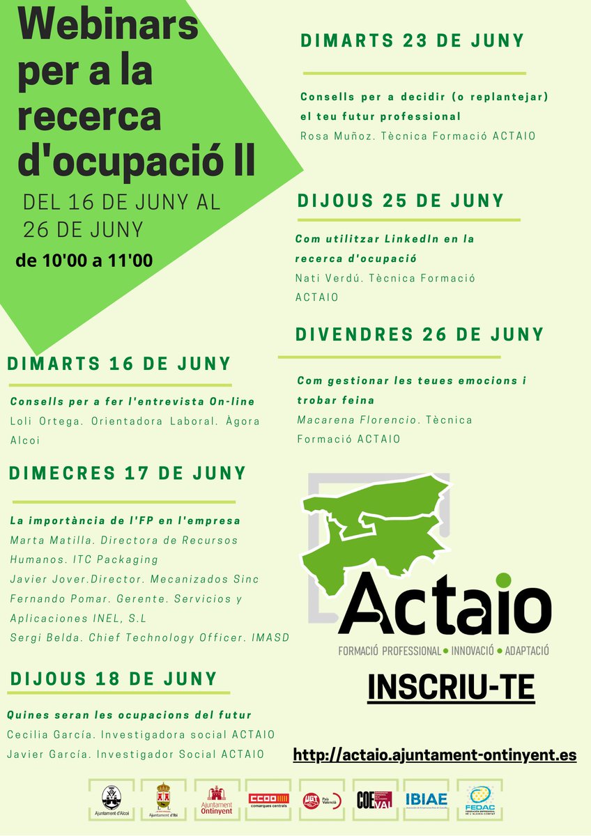💻 WEBINARS PER A LA RECERCA D'OCUPACIÓ II. A partir de demà <a href="/ACTAIO/">Actaio</a> ACTAIO organitza les següents activitats formatives online per a les persones que estiguen cercant feina o es plantegen un canvi en el seu futur laboral:
✏️ Inscripcions en actaio.ajuntament-ontinyent.es