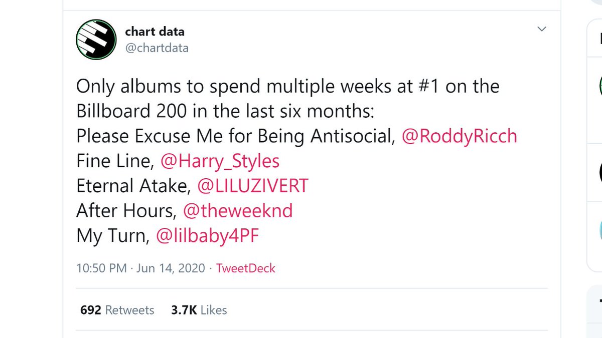 -"Fine Line" is back in the top 3 on Apple Music WW album chart (#3) over SIX months after its release.-"Fine Line" is one of the only 5 albums in the last six months that spent more than one week at #1 on Billboard 200 chart.