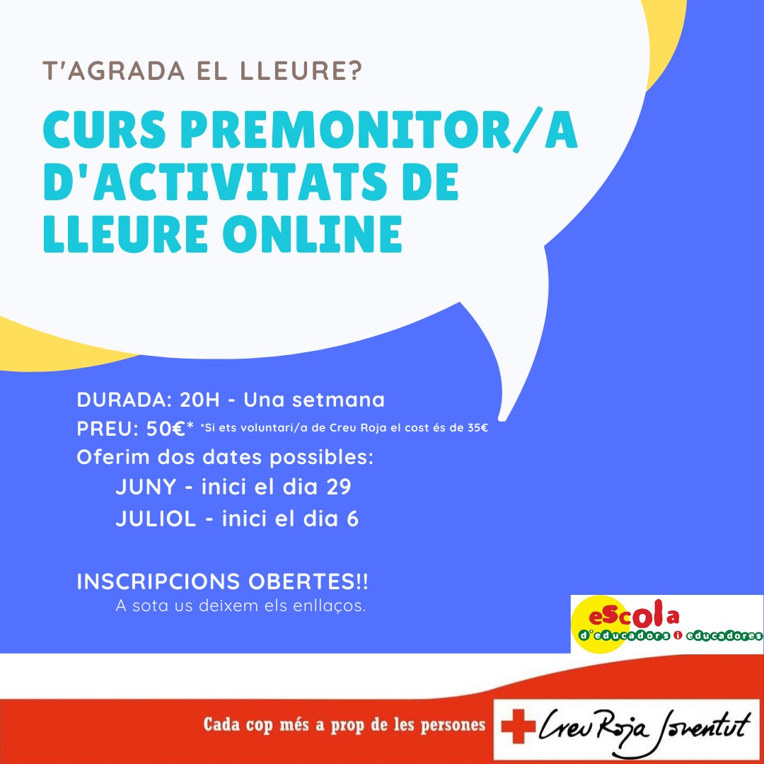 CreuRojaLleida's tweet photo. S'apropa l'estiu! Forma't online com a #premonitor o #premonitora d'activitats de lleure. Online/ 20 hores.
💰Preu: 50€ (personal extern) i 35€ (voluntariat de Creu Roja) 📆Dates: 2 dates possibles d'inici. 29/06 o bé 06/07 👉Inscripcions: https://t.co/qnEl42NUuQ @CRJLleida https://t.co/lqM0opXjR7