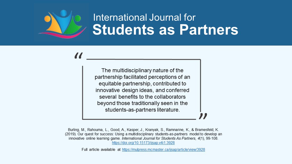 Our quest for success: Using a multidisciplinary students-as-partners model to develop an innovative online learning game by Burling, M., Rahouma, L., Good, A., Kasper, J., Kranyak, S., Ramnarine, K., & Bramesfeld, K. (2019).  #IJSAP  https://mulpress.mcmaster.ca/ijsap/article/view/3928