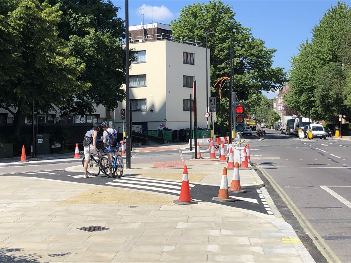 Very much still under construction (apart from this nifty turning lane that’s already in use) but the cycle track on Prince of Wales Road in Camden looks really promising. It’ll form part of a near-continuous protected route all the way to Elephant & Castle when it’s done