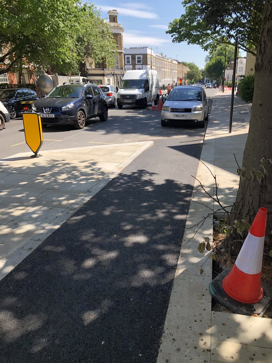 Very much still under construction (apart from this nifty turning lane that’s already in use) but the cycle track on Prince of Wales Road in Camden looks really promising. It’ll form part of a near-continuous protected route all the way to Elephant & Castle when it’s done