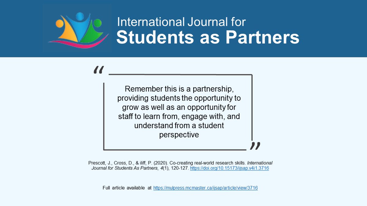 Co-creating real-world research skills by Prescott, J., Cross, D., & iliff, P. (2020).  #IJSaP  https://mulpress.mcmaster.ca/ijsap/article/view/3716