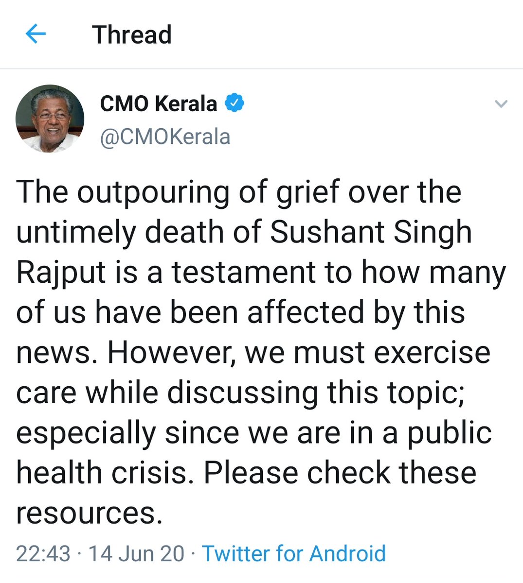 Subytweets's tweet photo. I regret Sushant's untimely demise. However I'm more concerned about the underprivileged ones in the society. Also the 1000s of migrant workers stranded abroad &amp; their anxious family members back in Kerala. Hope the CM will address these issues immediately &amp; excercise equal care! https://t.co/sOIorP9ALq