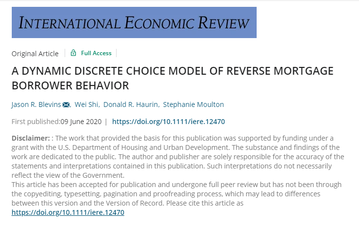 IESR_Jinan's tweet photo. A Dynamic Discrete Choice Model of Reverse Mortgage Borrower Behavior | IESR prof Wei Shi’s paper co-authored with Jason R. Blevins, Donald R. Haurin &amp; Stephanie Moulton is forthcoming in the International Economic Review. Read more https://t.co/SaKBZovlUq https://t.co/0CjvPQQMDt