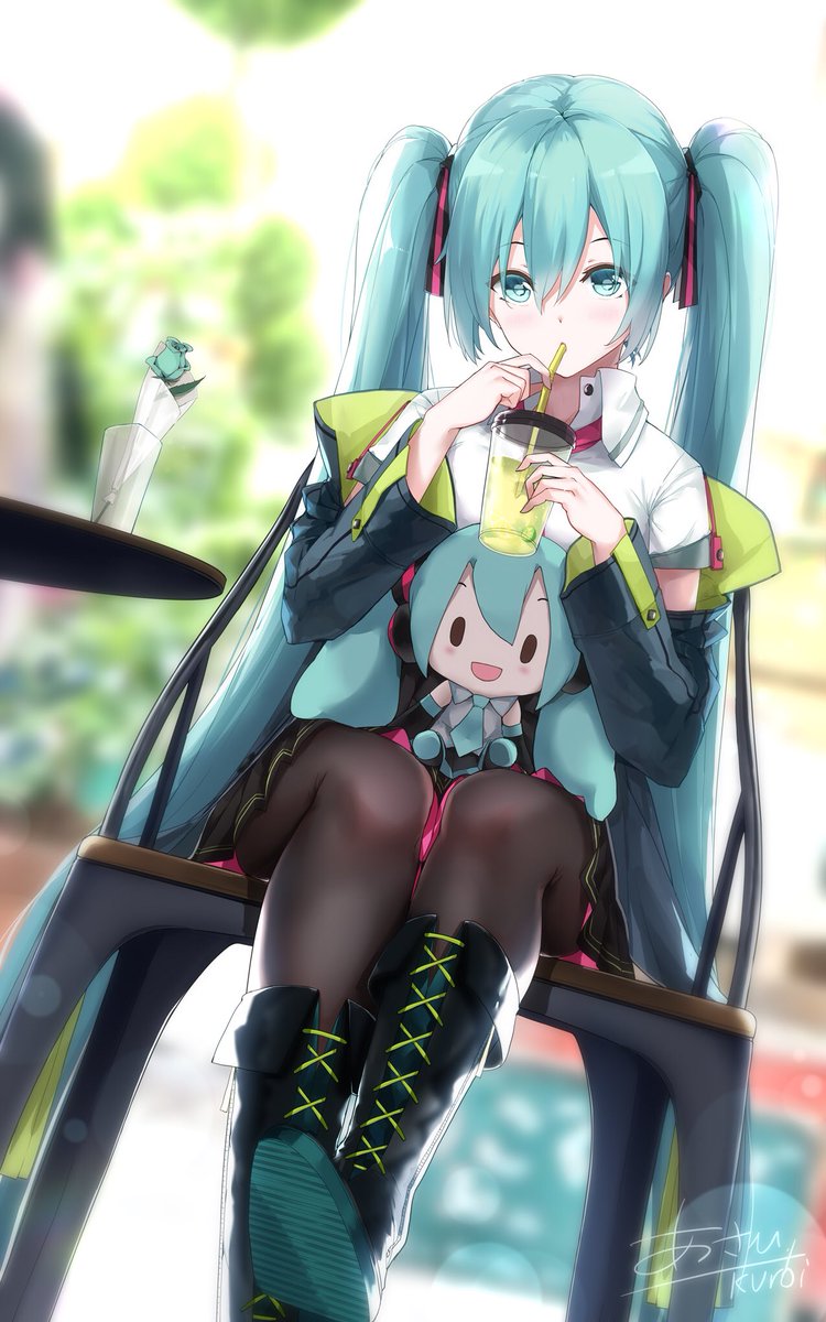 hatsune miku 1girl long hair twintails sitting character doll boots skirt  illustration images