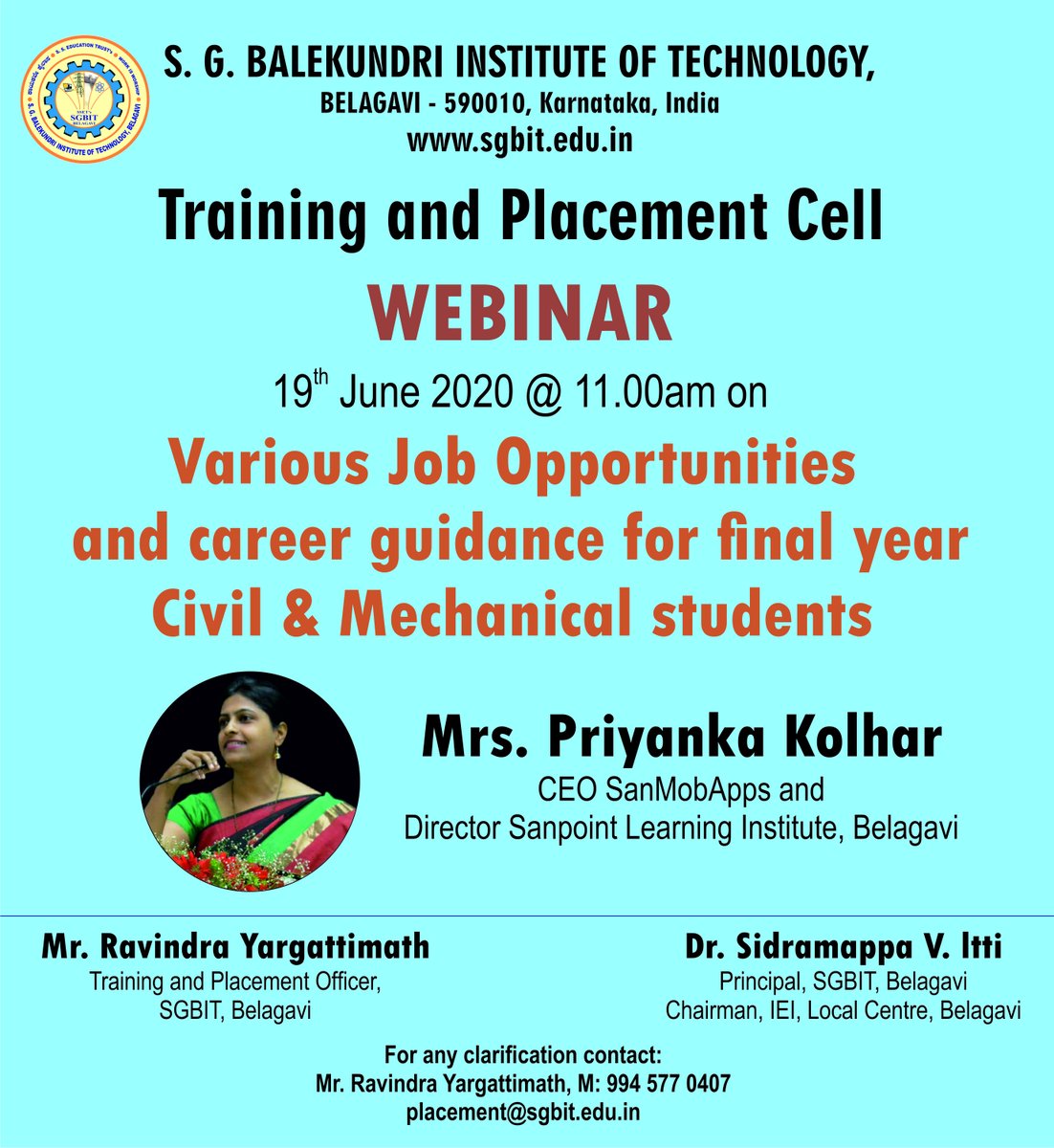 SgbitO's tweet photo. SGBIT Placement cell hosting a Webinar on 19 June @ 11 AM for final year students of Mech &amp; Civil students
Webinar will be on Job Opportunities and Career Guidance

Link to join for the webinar is 
https://t.co/ytQJ44aoy0 https://t.co/9VIGALbX42