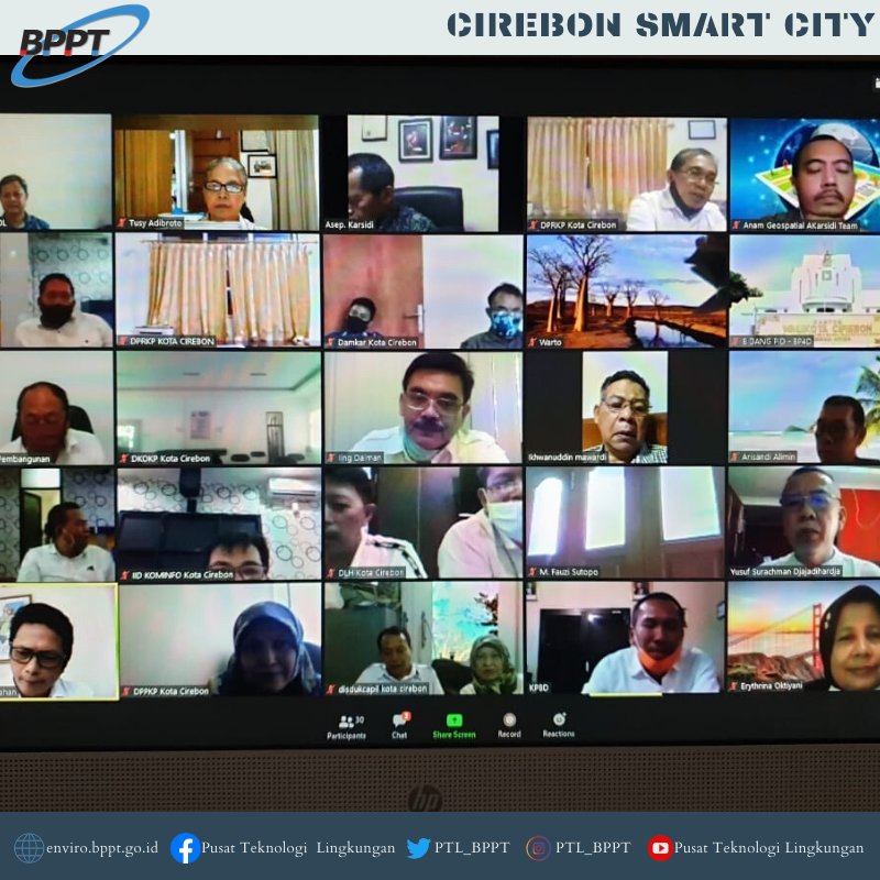 ptl_bppt's tweet image. Rabu (03/06) 
Dr. Ir. Tusy Augustine mewakili PTL BPPT dlm rapat melalui video conference dgn Pemkot Cirebon yg membahas ttg pembangunan pusat data/informasi berbasis geospasial di era digital untuk menunjang pelaksanaan Cirebon Kota Cerdas yg dihadiri sekitar 26 orang
#BPPTRI