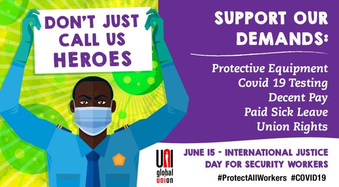 Today is #IJD2020. Millions of essential workers in cleaning &amp; security have been forced to confront the #COVID19 pandemic with limited access to #PPE.
They need:
✅Personal Protective Equipment
✅#covid19 #coronavirus testing
✅Decent pay&amp;Paid Sick leave 
✅Union representation