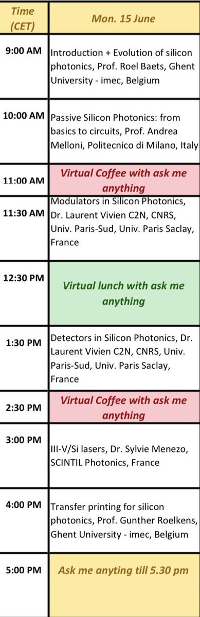 EmadrezaS's tweet photo. Time table of the 1st day | 5th @epixfab #SiliconPhotinics summer school. #siliconphotonics @PhotonicsUGent https://t.co/NKSoO9TzSx
