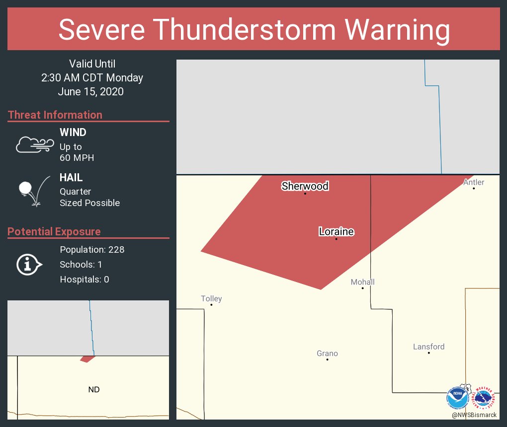 Severe Thunderstorm Warning continues for Sherwood ND, Loraine ND until