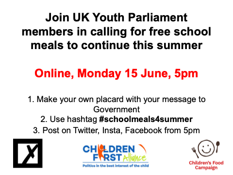 Childrensfood's tweet photo. TODAY AT 5pm: London members of @UKYP launch an online march, calling on Govt to extend free school meals to ALL 1.3m eligible children this summer. RT &amp; tell everyone! Make a placard, use #schoolmeals4summer. See you there! https://t.co/3ZOIVtjrzf