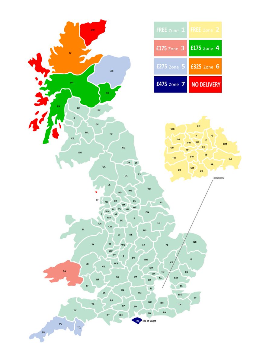 I'm going to try really hard to leave it here and get to work now, but look at this one:Crianlarich? Free deliveryInverness? £325Portsmouth? Free deliveryIsle of Wight? £425 (gets its own zone!)Cardiff? Free deliverySwansea? £175