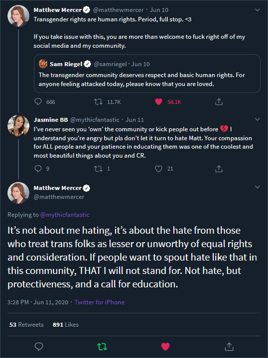 I was remiss in not adding these tweets of what Matt stands for to the original post. Matt telling transphobes to get out of his community was gold.