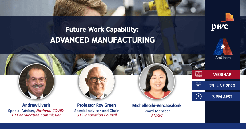 In partnership with @PwC_AU, join our panel of industry experts to discuss Australia's plan to #manufacture, export & create a virtuous cycle of #innovation; to leapfrog legacy industries & use #technologyautomation to drive this #opportunity. Register: amcham.com.au/Web/AmCham/Eve…