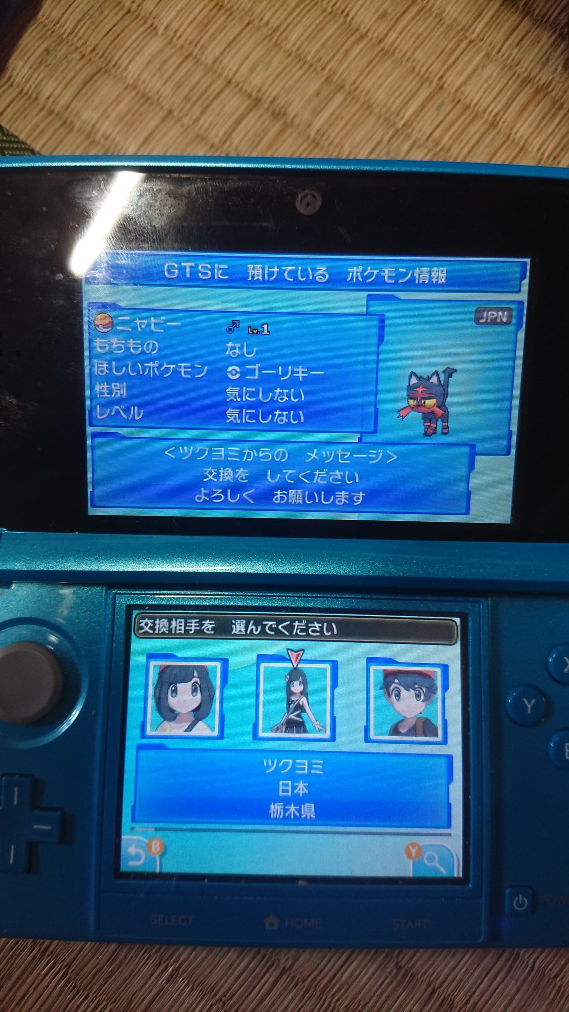 人間に化けるマジコスゾロアークbot 朝方ツイートした Gts を使ったセルフ交換の流れ写真 ウルトラムーンのアルテミスがムーンのツクヨミに進化させたいゴーリキーを送る場面だよ ポケモン ポケモンusum ポケモンsm 通信交換 交換 進化 T