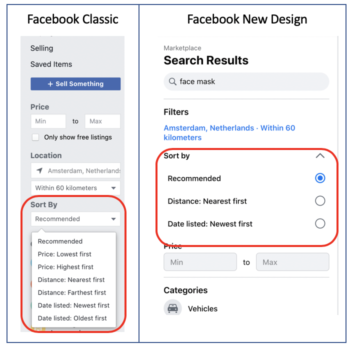 Searching for ads on Facebook Marketplace? Go to  http://facebook.com/marketplace  and use Facebook Classic to have more 'Sort by' options