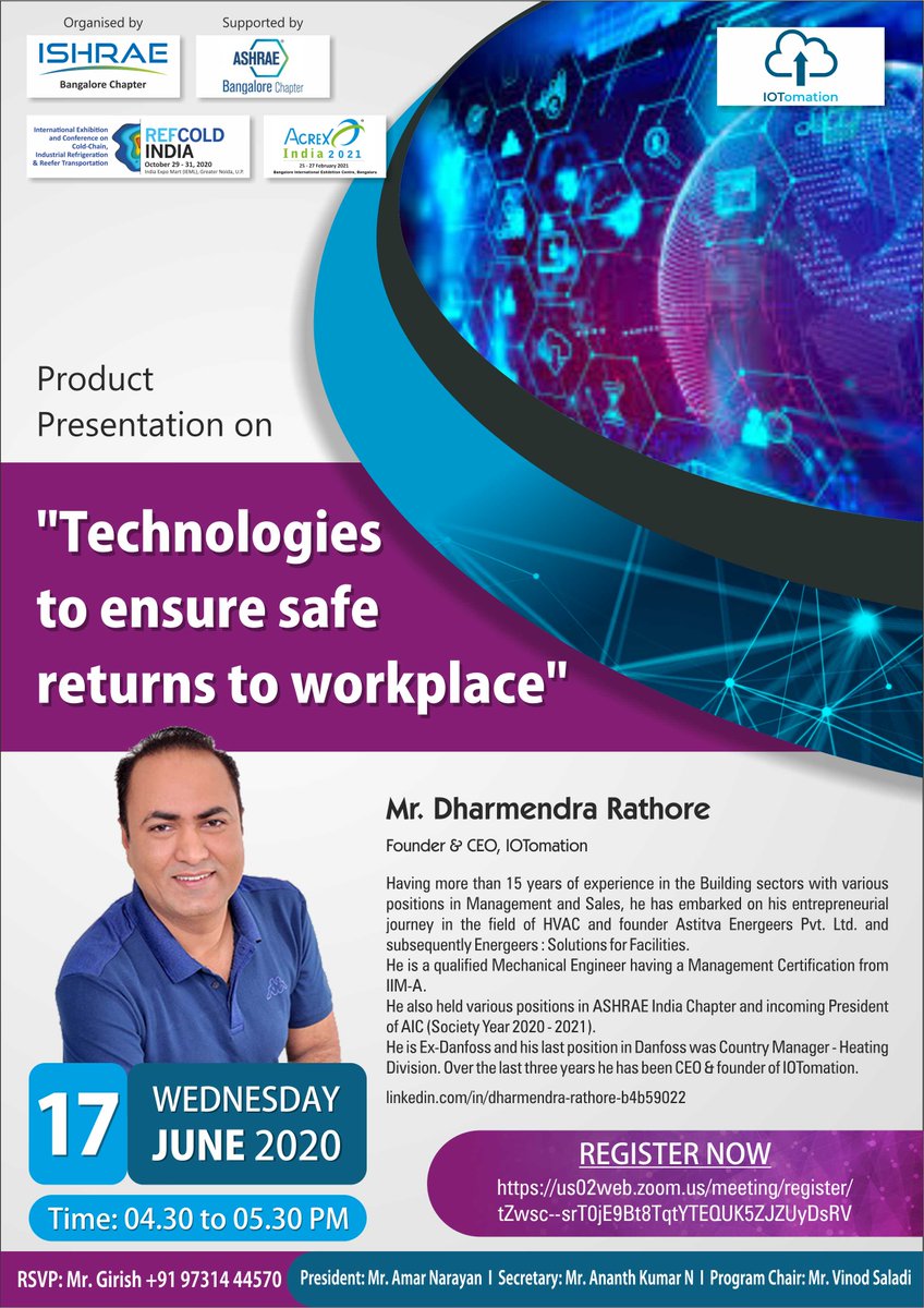 Another #Webinar for you....
Join us to explore how #IoT technologies can help building operators make a #contactless #safereturn to workplaces post #lockdown.

Register yourself here:
lnkd.in/dqpCdBS

See the details below:

#IOTomation #Smartbuildings #IoTapplications