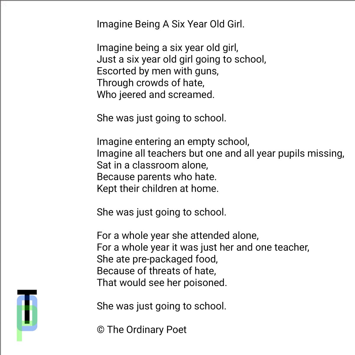 TheOrdinaryPoet's tweet photo. Imagine Being A Six Year Old Girl. 

#RubyNellBridgesHall

#BlackLivesMatter #EndRacismNow 

#poetry #poetrycommunity #poetryoftwitter #poet https://t.co/qxqbVOZuP8