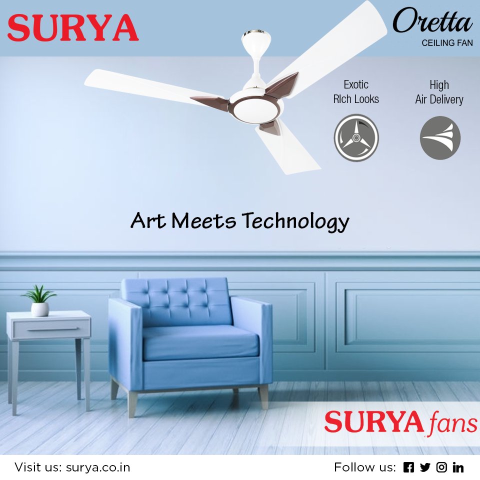 surya_roshni's tweet photo. #Surya #Oretta #fan with exotic looks and high air delivery creates an elegant ambience to suit your modern home decor.
Visit us at: https://t.co/SxiVI3Muo9
#ceilingfan #highspeed #SuryaAntiDust #ModernArt #PowerfulAirFlow https://t.co/bqkU1J1EZt