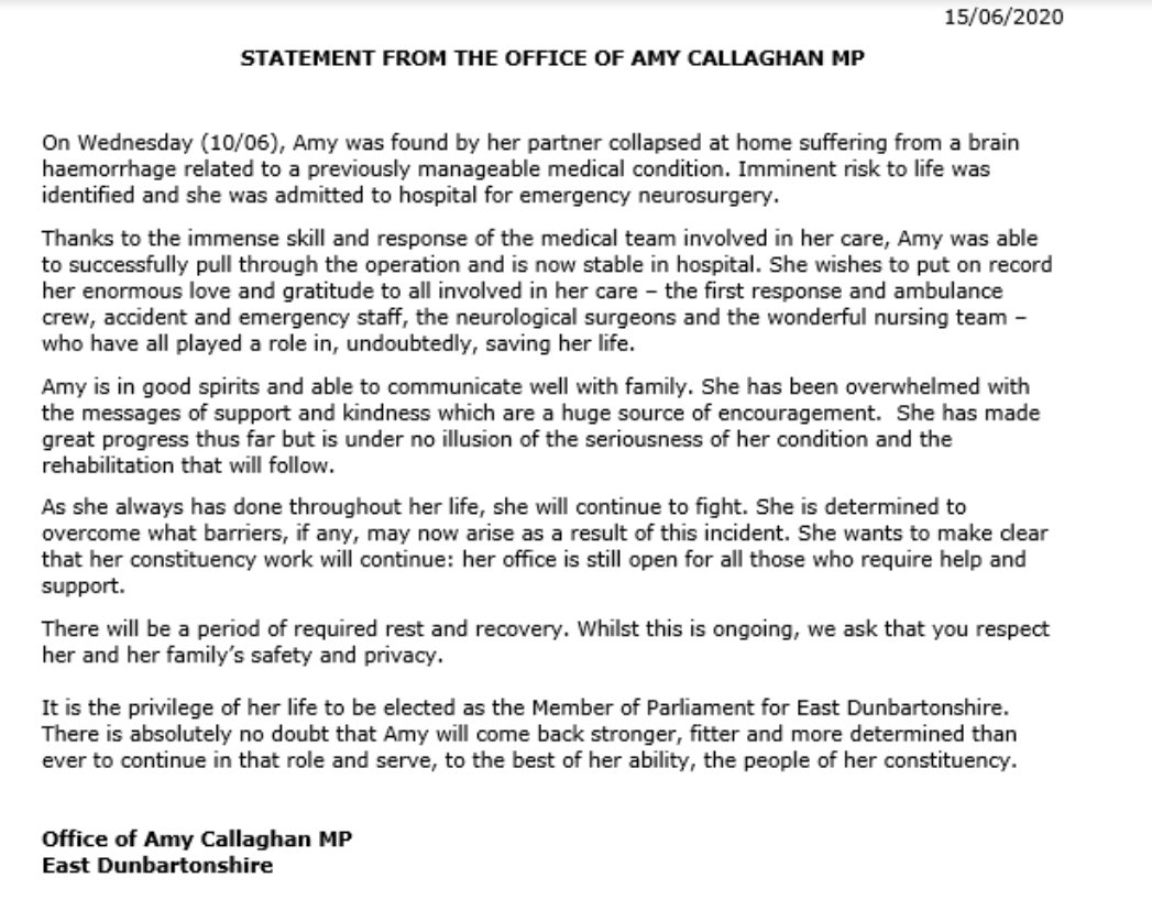 Statement from the Office of Amy Callaghan MP: 

On Wednesday, Amy was found collapsed at home suffering a brain haemorrhage. She was admitted for emergency neurosurgery and is in recovery. 

Our thoughts are with Amy & her family. We ask their privacy is respected.
