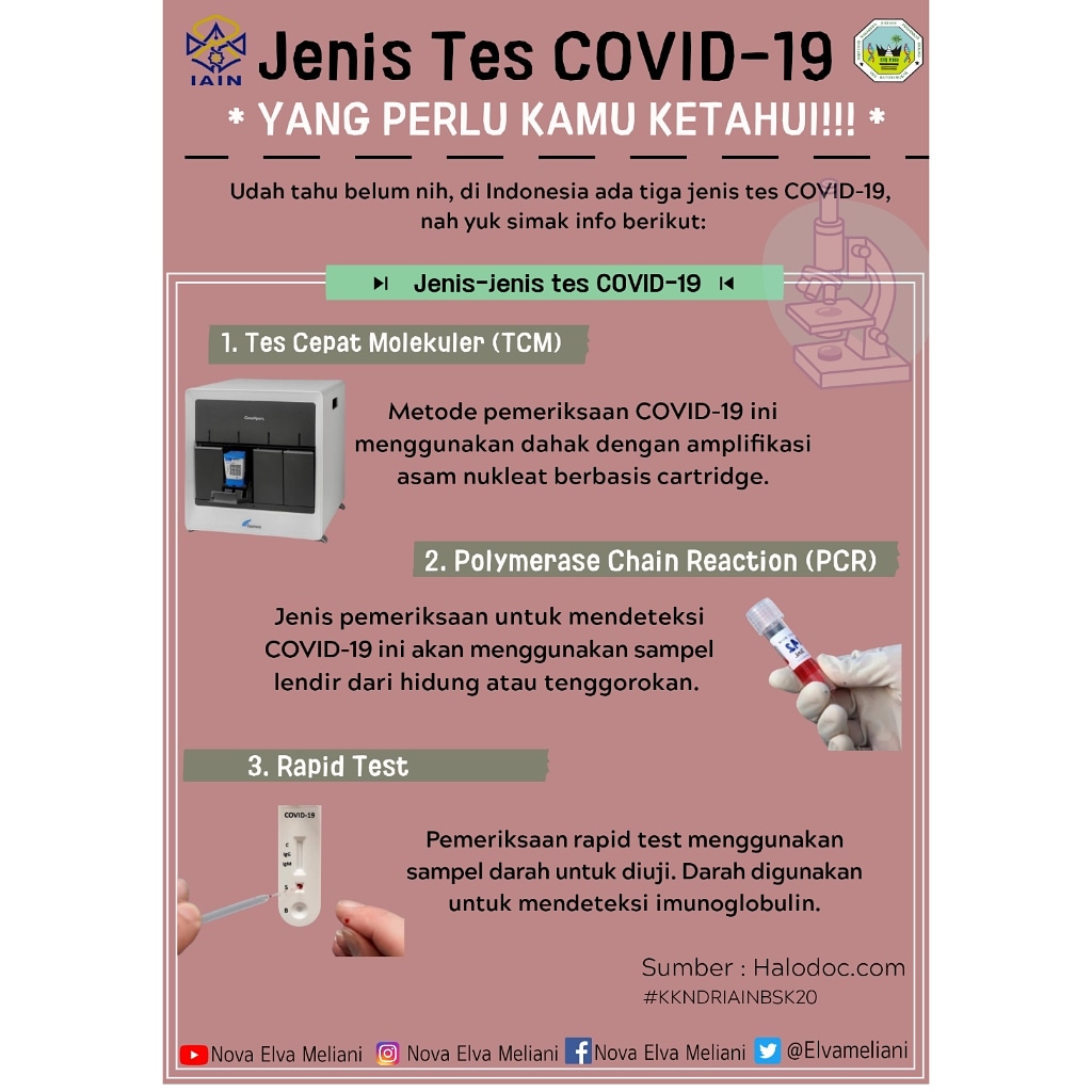 ElvaMeliani's tweet photo. [JENIS-JENIS TES COVID-19]
.
.
Cara untuk memastikan apakah seseorang terinfeksi virus corona atau tidak, terdapat beberapa jenis tes yang bisa dilakukan.
#kkndriainbsk20 
#COVID19 
#BersatuLawanCovid19 
#VirusCorona https://t.co/1ZpGM4eZaj