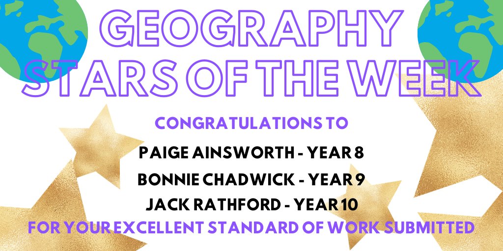 It's always great reviewing the excellent work submitted by our students completing their #homelearning GEOGRAPHY STARS OF THE WEEK FOR LAST WEEK ARE