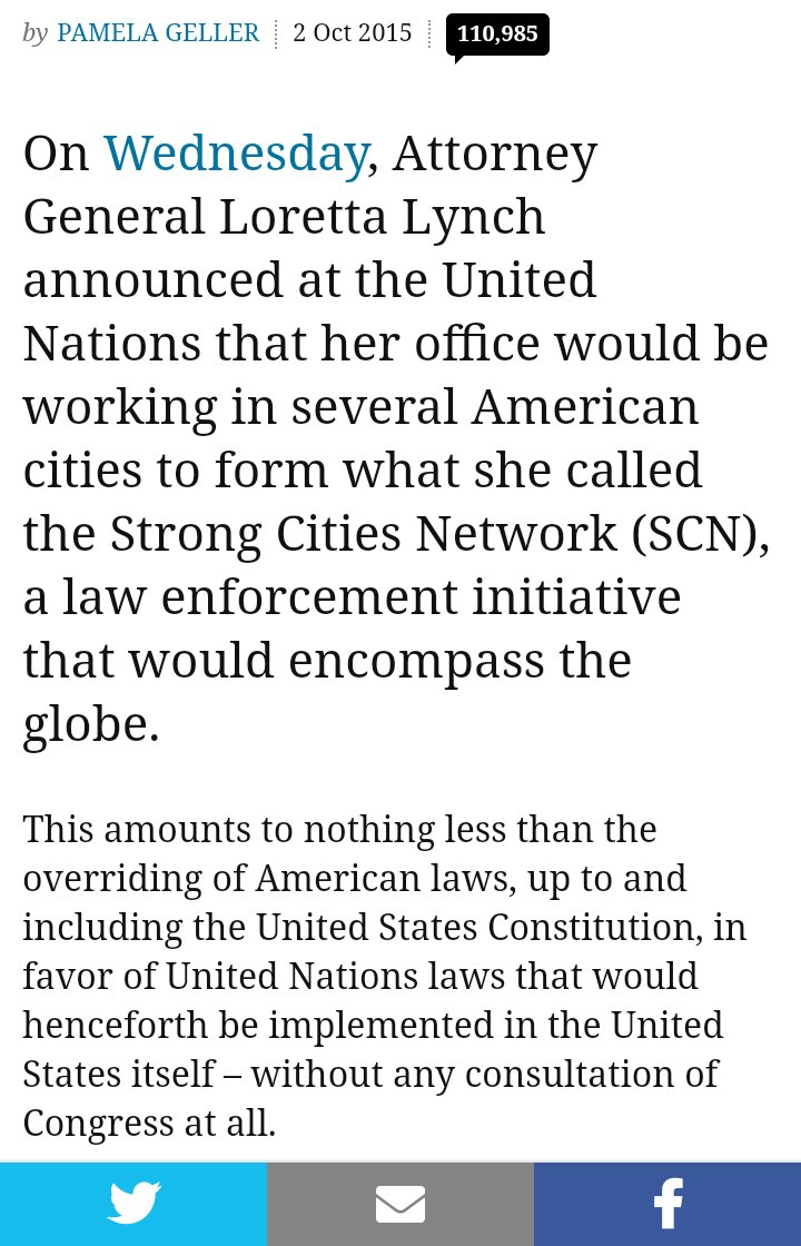 TippytopshapeU's tweet photo. "Attorney General Loretta Lynch announced at the United Nations that her office would be working in several American cities to form what she called the Strong Cities Network (SCN),
a law enforcement initiative that would encompass the globe" @TeamTrump
@TrumpWarRoom
#ArmyForTrump https://t.co/7DzIW3rpy4