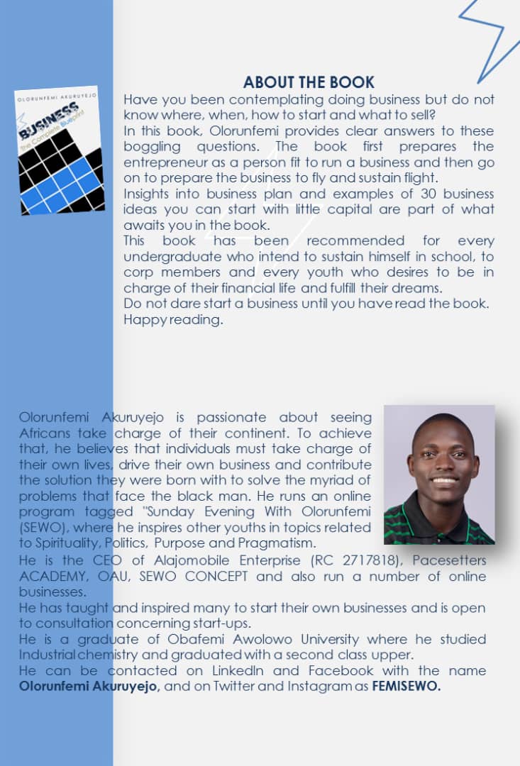 gajimoti's tweet photo. There is a Business inside YOU!

In his new ebook, titled
'Business: The Complete BluePrint'
FemiSEWO brings to light all that you need to know about starting your business and making more sales.

Place your order now!
https://t.co/ET87xDYuOA

#business #success #SewoBookLaunch https://t.co/SHRHrgud1H