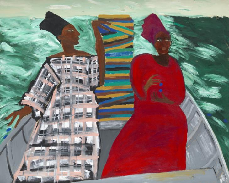 Lubaina Himid paints stories about friendships, love and kindness. In Between the Two my Heart is Balanced are two Black women, wearing colourful dresses and sailing on a boat. The artist explained that patterns and clothing are important in her paintings. #kingsleyartists