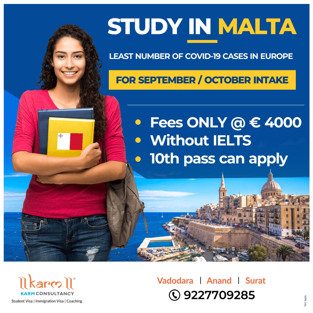 KarmConsultancy's tweet photo. #StudyinMalta :

* #NoIELTS #PayAfterVisa
* Old funds not required.
* Fastest Residence Permit (#TRP) in the whole of Europe
* Refused cases of any country can apply
* Accommodation and Airport Pickup can be arranged

Contact on 9227709285 or Whatsapp on https://t.co/GHSjvnlBwx https://t.co/oAkB2dqC67