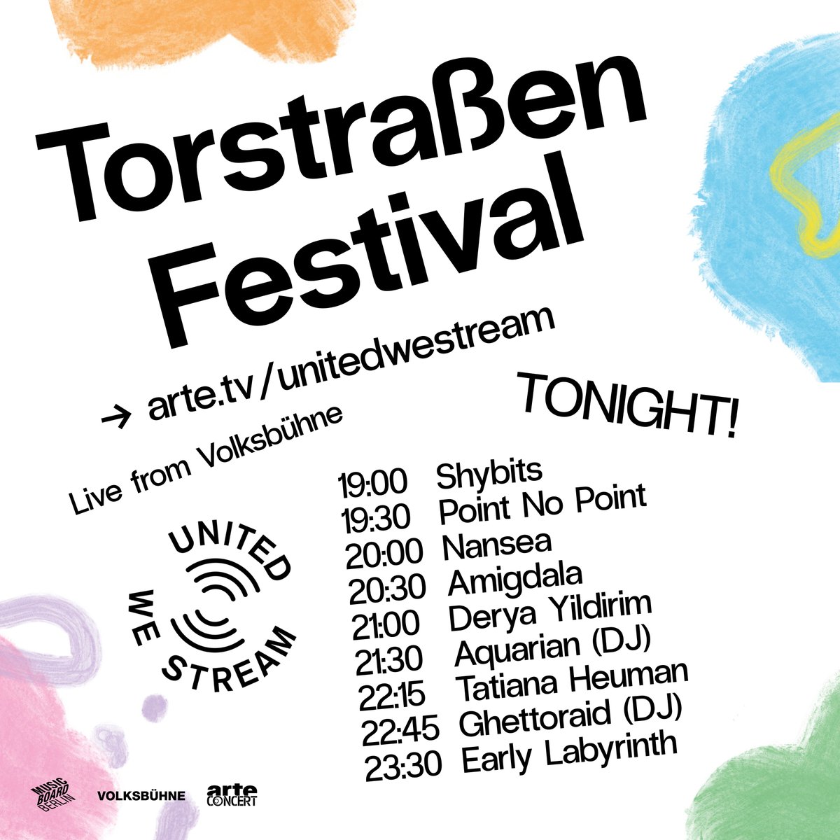 Today is the day! 
📺Tune in via <a href="/united_westream/">United We Stream 🔊 Berlin</a> <a href="/ARTEde/">ARTE</a> tonight from 19:00 to join the 10th edition of Torstraßen Festival, we'll be live streaming from the Roter and Grüner Salon of the @volksbuehne_berlin. #TSF2020 #UnitedWeStream