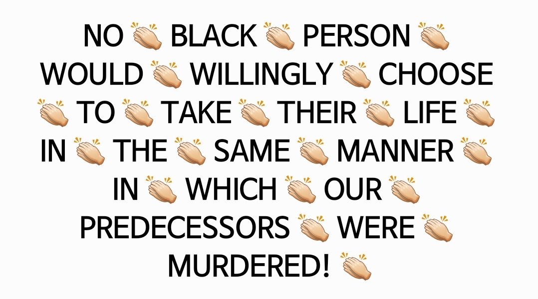 SugaMommae's tweet photo. ⚠️TW: Mention of Suicide ⚠️

4 Black people have been found this week after a public lynching, 3 black men and one pregnant woman, and their state performed autopsies list their C.O.D. as suicide so I'm gonna say this real slow for y'all:

#BlackLivesMatter #BLM https://t.co/3L45bK1URj
